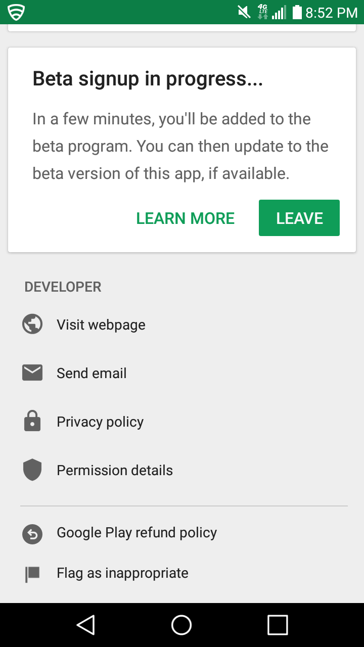 Beta signup in progress screenshot