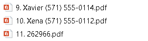 List of three PDF files, "9. Xavier", "10. Xena" and "11. 292966"
