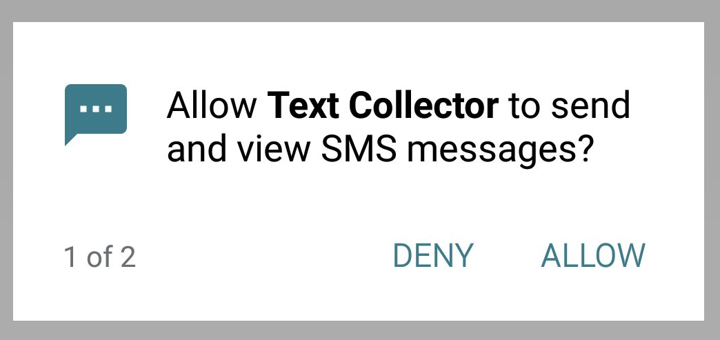 Permissions request dialog screenshot says "send and view SMS messages"