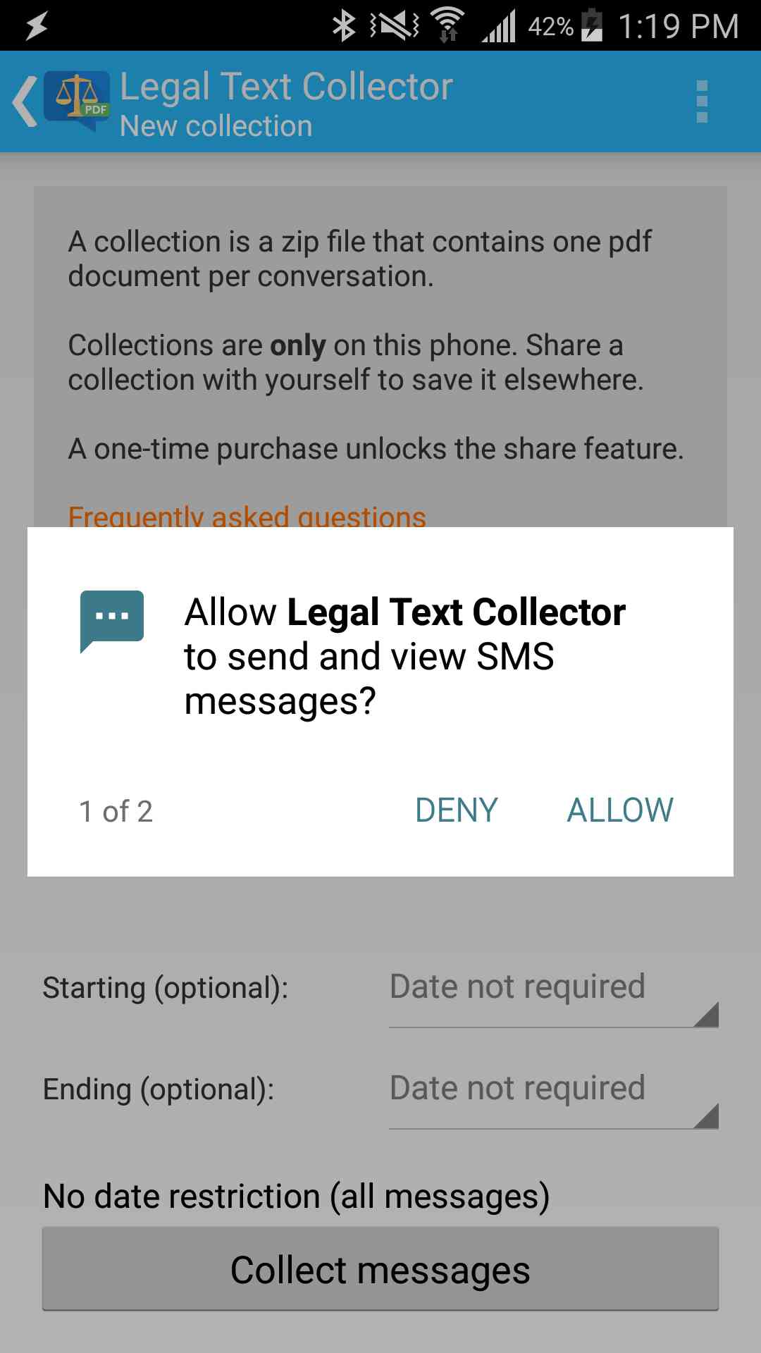 Android's dialog requesting SMS permissions